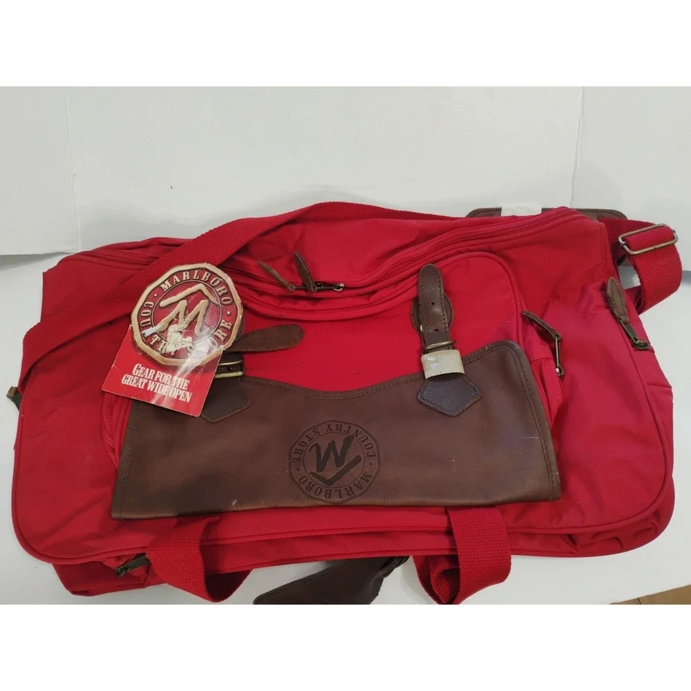 Vintage 90s Marlboro Bag Red Country Store Duffle Leather Flap Travel Bag Gear